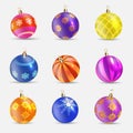 Collection with beautiful shining realistic Christmas ball with patterns, snowflakes effect. Xmas glass ball. Holiday