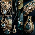 Collection of beautiful vintage jewelry on black background. Accessories collage. Generative AI