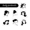 Collection of beautiful woman head and shoulders portraits isolated on white background. Black minimalistic silhouette, contour li