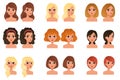 Collection of beautiful young girls with different hairstyles and colors shades long, short, medium, curly, blond, red