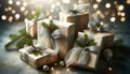 Elegant Christmas Gifts Wrapped in Gold and Silver Paper with Festive Decorations, AI Generated Royalty Free Stock Photo