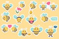 Collection of bee stickers kawaii character. Bee with honey, flowers, angry bee