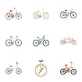 Collection of bikes with different wheels and frames. Different bikes for sport and walks.Different bicycle icon in set