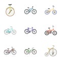 Collection of bikes with different wheels and frames. Different bikes for sport and walks.Different bicycle icon in set