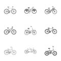 Collection of bikes with different wheels and frames. Different bikes for sport and walks.Different bicycle icon in set