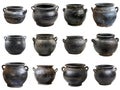 Collection of 12 Black Clay Pots with Handles Royalty Free Stock Photo