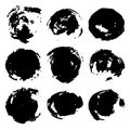 Collection of black grunge paint circles, stains. Brush strokes isolated on white background. Vector illustration. Royalty Free Stock Photo