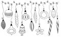 Collection black line of christmas balls, bells, icicles, ornaments and decorations on a white background Royalty Free Stock Photo