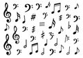 A collection of black musical notes and symbols hand drawn style scattered across white space Royalty Free Stock Photo