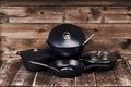 Collection of black pots Royalty Free Stock Photo