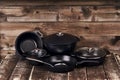 Collection of black pots Royalty Free Stock Photo