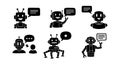 Black silhouette robot icons set with speech bubbles showing different bot types and communication styles in flat design vector Royalty Free Stock Photo