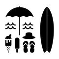 Beach vacation summer essentials collection surfboard Royalty Free Stock Photo