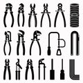 Black silhouette vector bundle of 18 plumbing and construction tools and materials Royalty Free Stock Photo