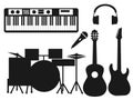 Collection of black silhouettes of musical instruments on a white background