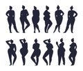 Collection of black silhouettes of naked women in various poses, with phone, pregnant. Set of female figures with the same