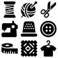 Collection of black solid icons for sewing and tailoring Royalty Free Stock Photo