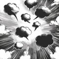 Collection of black and white comic book style speech bubbles and explosion shapes with halftone shadows Royalty Free Stock Photo