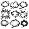 Collection of black and white comic book style speech bubbles and explosion shapes with halftone shadows Royalty Free Stock Photo