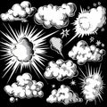 Collection of black and white comic book style speech bubbles and explosion shapes with halftone shadows Royalty Free Stock Photo