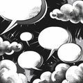 Collection of black and white comic book style speech bubbles and explosion shapes with halftone shadows Royalty Free Stock Photo