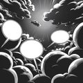 Collection of black and white comic book style speech bubbles and explosion shapes with halftone shadows Royalty Free Stock Photo