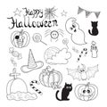Collection of black and white drawings for Halloween. Hand-drawn individual elements. Spider web, spider, ghost, candle, grave,