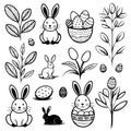 A collection of black and white drawings rabbits, eggs, and flowers Royalty Free Stock Photo