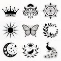Collection of Black & White Floral Design Elements: Crown Sun Butterfly Moon & More Illustrations Royalty Free Stock Photo