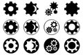Collection of black and white gear icons representing mechanical processes and engineering solutions for graphic design and Royalty Free Stock Photo
