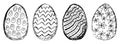 Collection of black and white grunge clipart of the Easter eggs with different patterns. Contour line sketches of eggs isolated on