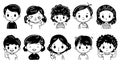 Collection of black and white hand drawn kids' faces. Kid emotions. Black and white heads Royalty Free Stock Photo