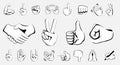 Collection of black and white hand gesture emojis. Handshake, biceps, applause, thumb, peace, rock on, ok, folding hands. Royalty Free Stock Photo