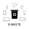 Collection of black and white icons of e-waste. Electronic garbage and bin with recycling marc. Vector concept