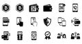 Collection of black and white icons representing cryptocurrency, digital payments, and mobile transactions, isolated on Royalty Free Stock Photo