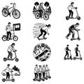 Collection of Black and White Illustrations of People on Scooters
