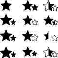 Collection of black and white star shapes with different sizes and styles isolated on transparent background Royalty Free Stock Photo