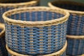 Collection of blue handmade rattan baskets. Handmade wicker basket Made from natural bamboo and rattan