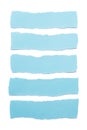 Collection of blue paper stripes with torn edges isolated on white background