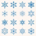 Collection of blue snowflakes. Sixteen snowflakes of different shapes. Winter set illustration