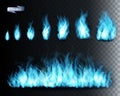 Collection of blue transparent fire flames.