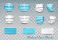 Collection of a blue and white medical face masks isolated on transparent background.
