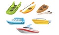 Collection of Boats, Different Types of Water Transport, Inflatable and Wooden Boat, Powerboat, Kayak Vector