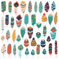 Collection of boho vintage tribal ethnic hand drawn colorful feathers Royalty Free Stock Photo