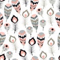 Seamless pattern with boho vintage tribal ethnic colorful vibrant feathers Royalty Free Stock Photo