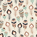 Seamless pattern with boho vintage tribal ethnic colorful vibrant feathers Royalty Free Stock Photo