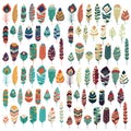 Collection of boho vintage tribal ethnic hand drawn colorful feathers Royalty Free Stock Photo