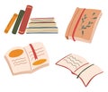 Collection with books. Stacks of books, open books, notebooks. Love reading motivation. Library, study concept. Symbols of