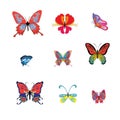 Collection of botanical colorful butterflies, for design, decoration on white background,