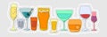 Collection of glasses of alcohol as a sticker. Beer champagne red wine liquor vodka martini whiskey rum tequila. Hand draw cartoon Royalty Free Stock Photo